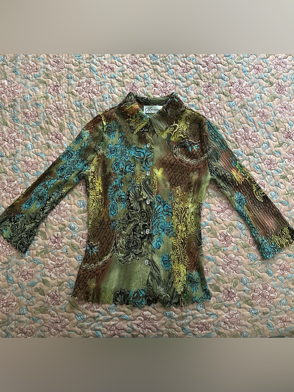 Dressbarn Turquoise Green & Brown Whimsy Floral Printed Women’s Blouse - Picture 3 of 7